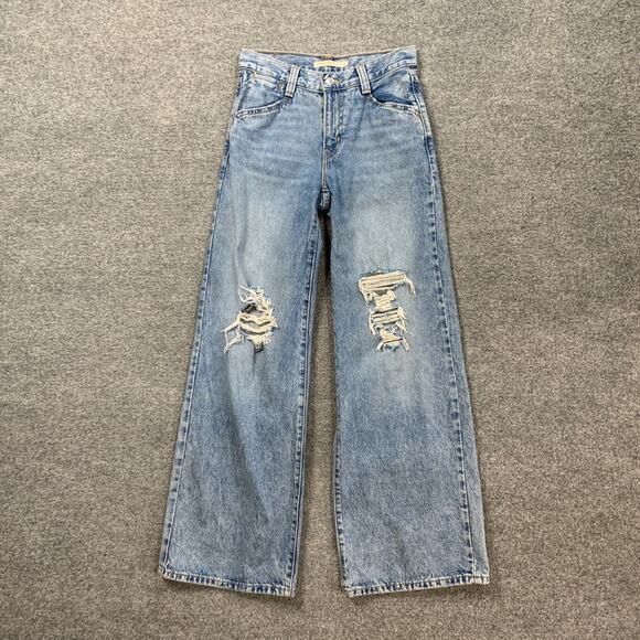 Levis Jeans Womens 24 Denim 94 Baggy Wide Leg Distressed Knee Light Wash Flare - Picture 2 of 11